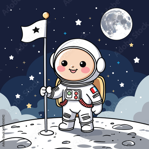 Cute astronaut character standing on the moon with a flag 1.