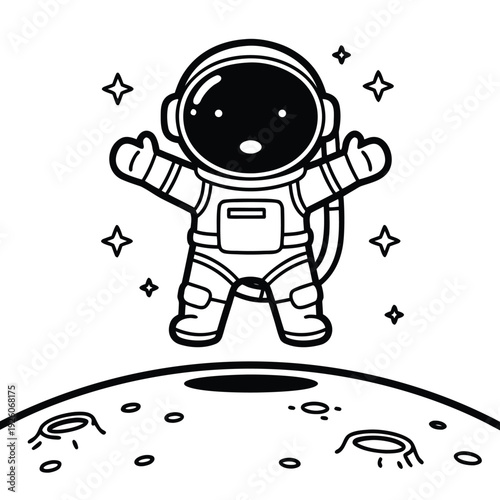 Cute astronaut character standing on the moon surface space exploration.