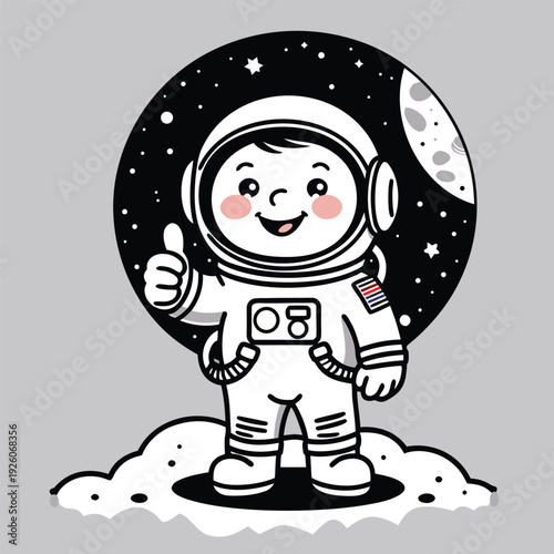 Cute Cartoon Astronaut Giving Thumbs Up in Space Suit.