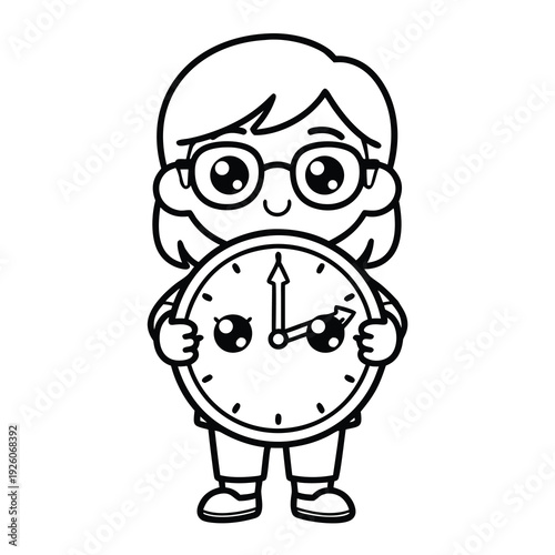 Cute cartoon character holding a smiling clock in a coloring book style.