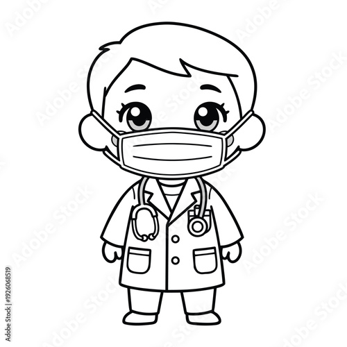 Cute cartoon doctor wearing a face mask and stethoscope.