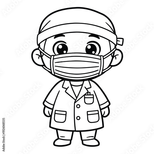 Cute Cartoon Doctor Wearing a Surgical Mask and Scrubs.
