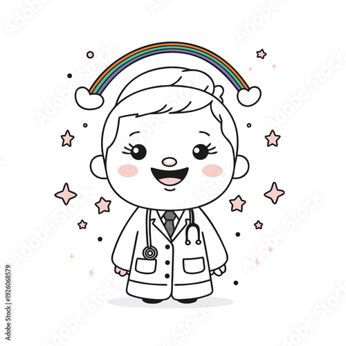 Cute cartoon doctor with stethoscope and rainbow.