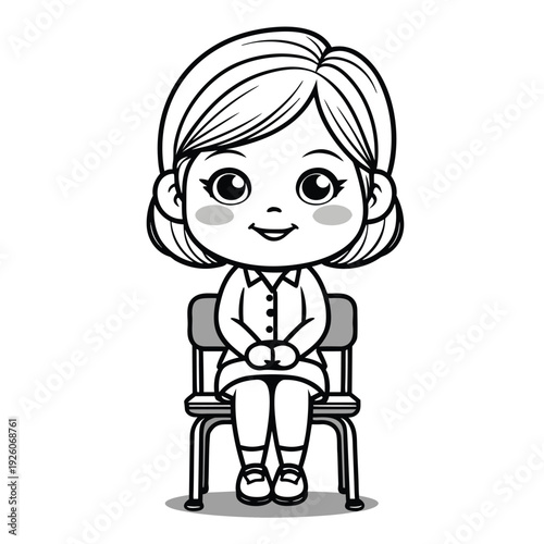 Cute cartoon girl sitting on a chair black and white line art.