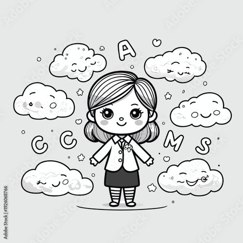 Cute cartoon girl in school uniform surrounded by smiling clouds and letters.