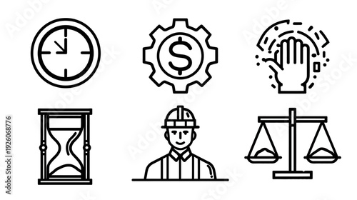 Business, Legal, Time Management, and Industry Vector Outline Icons Set. Finance, Justice, Labor, Safety, Deadline Symbols.