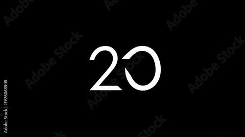 Sleek white number 20 with stylized zero on black background. Modern design for celebration, anniversary, or milestone concept.