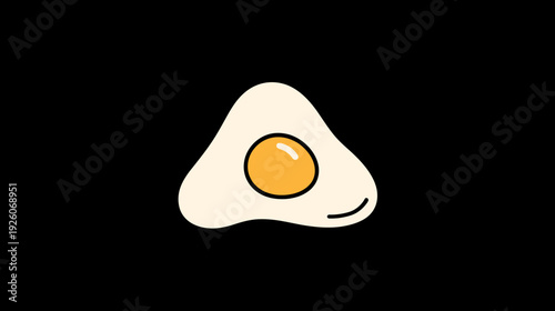 Minimalist cartoon fried egg illustration, sunny-side up with a perfectly round yellow yolk and creamy white, isolated on a black background.