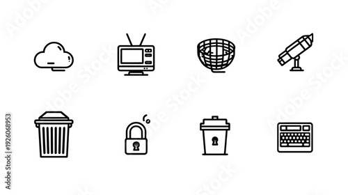 Set of Technology and Utility Outline Icons: Cloud, TV, Global Network, Rocket, Trash, Security Lock, and Keyboard