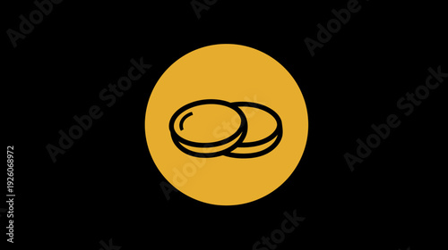 Abstract line art two coin icon in golden yellow circle on black. Financial symbol, digital currency, payment, wealth graphic element.