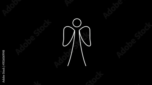 Elegant minimalist white outline angel figure on black background. Abstract spiritual symbol of peace, purity, and guidance.
