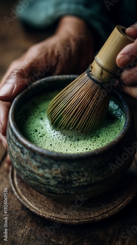 Traditional Japanese Matcha Tea Preparation with Bamboo Whisk in Rustic Ceramic Bowl