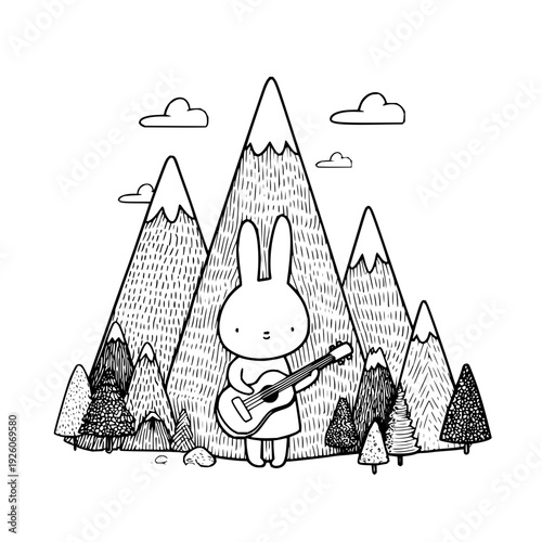 Rabbit Playing Guitar in Mountains
