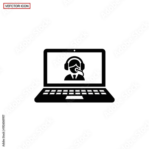 A black and white icon of a laptop with a customer service representative on the screen