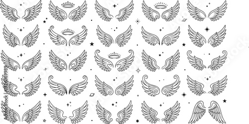 Hand Drawn Angel Wings Vector Set, Detailed Line Art Celestial Wing Illustrations with Halos and Stars Isolated on Light Background