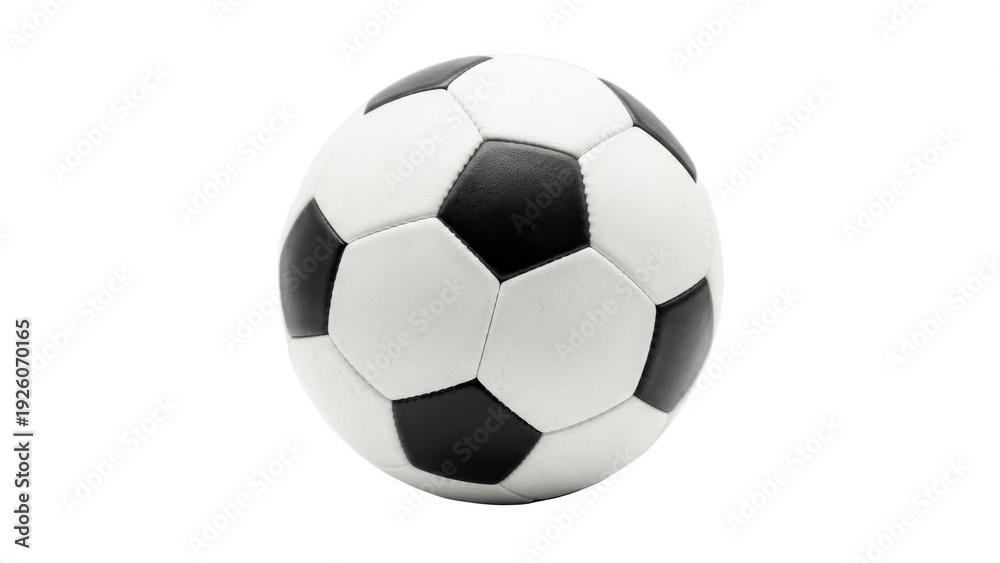 Naklejka premium Classic black and white paneled soccer ball isolated on white background, perfect for training sessions, school matches, club games and casual play