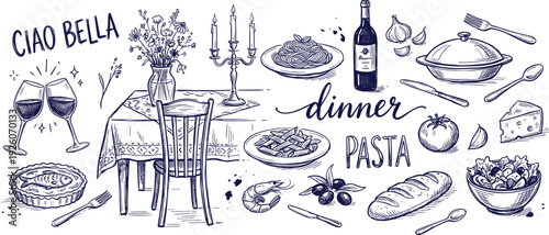 Italian Dinner Hand Drawn Vector Illustration Collection, Pasta, Wine, Seafood and Rustic Restaurant Table Food Sketch Set