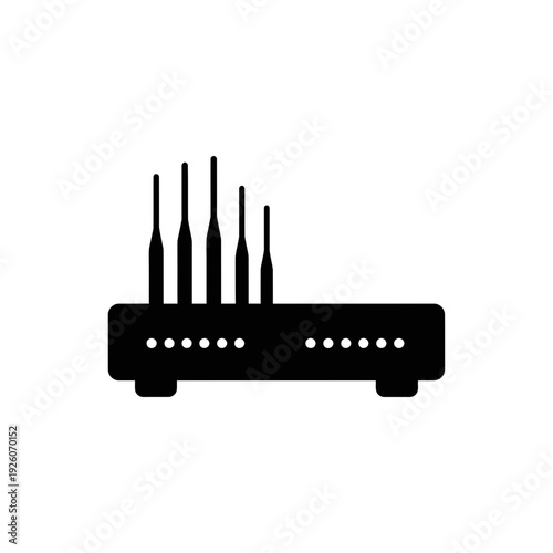 A black router with several antennae on a white background