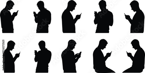 Man using smartphone silhouette set, mobile phone texting browsing social media isolated black and white vector illustration
