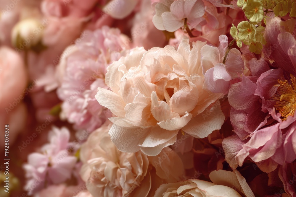 Obraz premium Soft Focus Close Up Of Delicate Pink And Peach Peonies Covered In Dew Drops Romantic Floral Arrangement