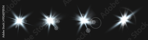 Set of Golden Stars on Runway Stage with Glowing Spotlights, Focused Stage Lighting and Realistic Lens Flare from Lamps, Sparkling Light Effect Vector PNG with Transparent Background, 