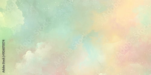 A soft and dreamy watercolor background with blended pastel hues of green peach and blue creates a calming aesthetic