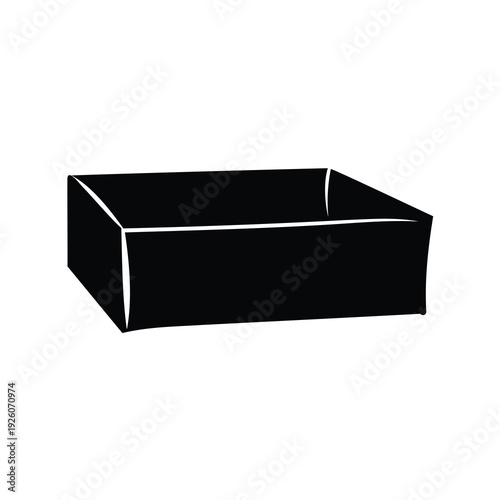 Minimalist black and white drawing of an open rectangular cardboard box