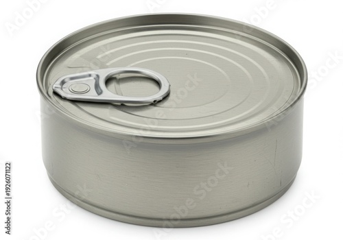 Silver metal food can with pull tab on white background