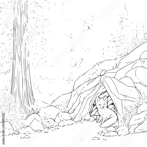 Little Girl Hiding Under Leaves on Rocks in Forest