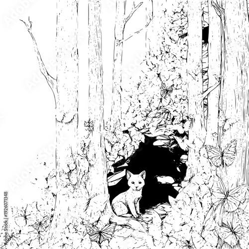 White Cat Sitting in Forest Den Surrounded by Trees and Butterflies