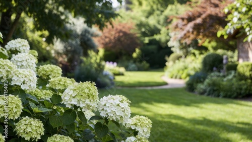 Garden with a path and a bunch of white flowers. The flowers are in full bloom and the grass is green