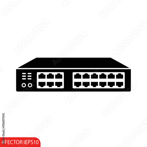 A black network switch with multiple ethernet ports