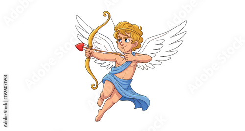 Cupid Angel Character with Bow and Heart Arrow in Flying Pose for Valentine Love Illustration, Romantic Greeting Card and Holiday Designs