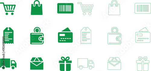 Collection of green shopping representing commerce and retail transactions