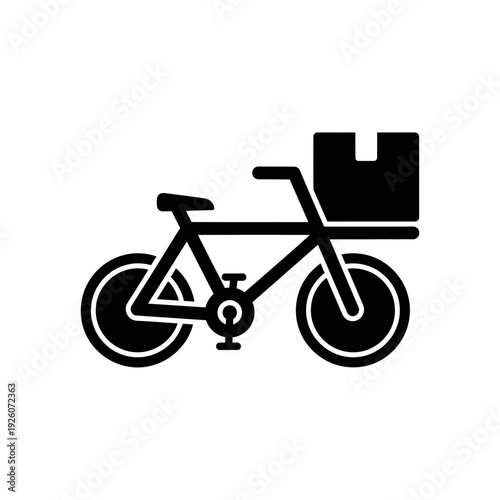 A black and white image of a bicycle with a box on the back