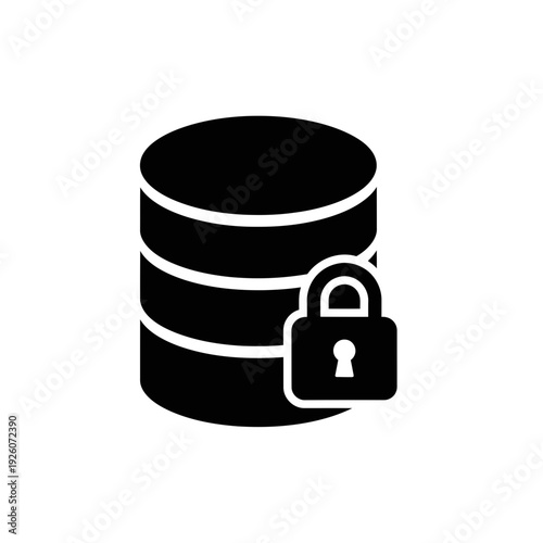 A black and white icon of a database with a padlock