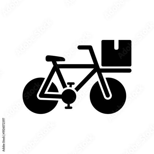 A black and white image of a bicycle with a delivery box