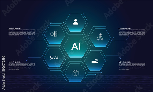 Futuristic Deep Blue infographic of seven hexagonal glassmorphism buttons with icons representing Artificial Intelligence and Technology. Buttons in a blue gradient with subtle neon. Futuristic Tech
