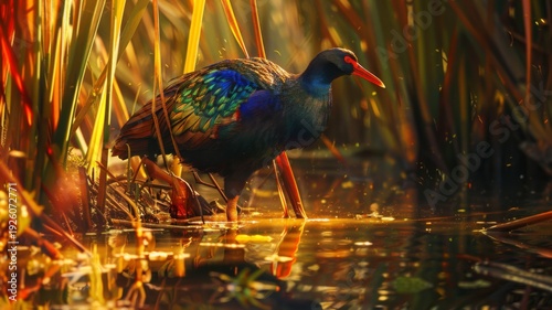 Vibrant water bird with iridescent plumage and red beak standing in reflective water surrounded by reeds in warm light