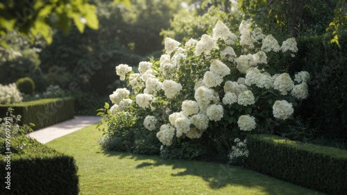 Large bush with white flowers is in a garden. The flowers are in full bloom and the bush is well-maintained. The garden has a peaceful and serene atmosphere