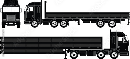 Flatbed Semi Truck Silhouette Set with Front and Side Views, Heavy Duty Cargo Transport Vehicle Black Vector Illustration Isolated on White Background