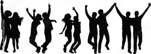 Group of Happy Friends Jumping Silhouettes, Young Men and Women Celebrating with Raised Hands Black Vector Illustration Isolated on White Background for Party Concept