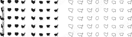 United States Map Silhouettes Collection with Filled and Outline Icons, USA State Shapes Black Vector Set Isolated on White Background for Geographic Design
