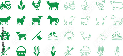 Green representing farm animals, crops, and agricultural equipment