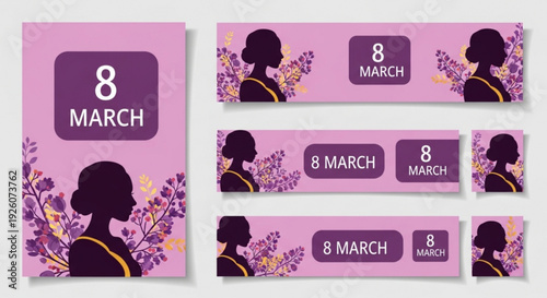 International women's day social media posts and banners with purple flowers and silhouette of a woman on pink background