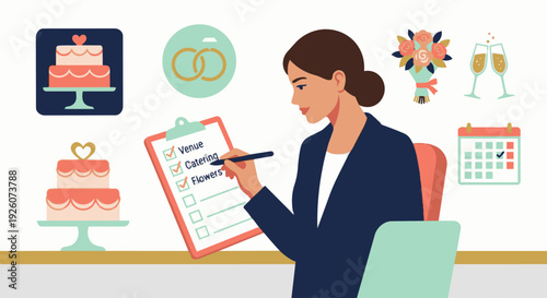 Wedding Planner Reviewing Checklist

Flat vector illustration of a wedding planner reviewing a wedding checklist on a clipboard or tablet. Wedding icons like rings, cake, and bouquet visible. Flat vec