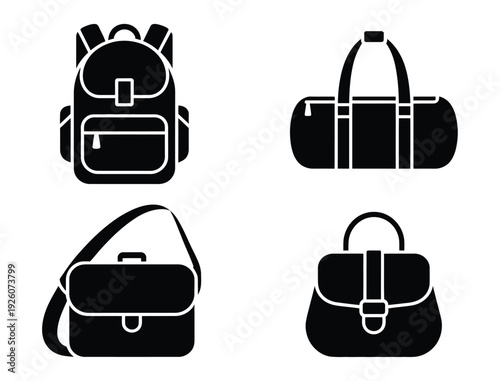 Silhouette collection of travel, work, and casual bag types featuring backpacks, briefcases, tote bags and luggage in simple black vector illustration.