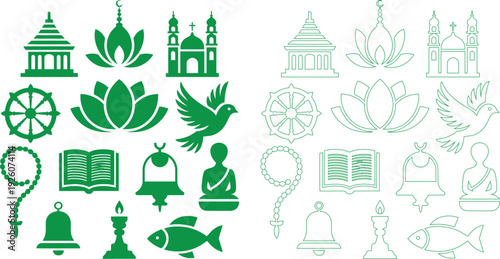 Religious and spiritual symbols including temples, lotus flowers, doves, prayer beads, and books