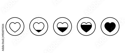 Heart progress icon set in circular outline. Love fill level symbol