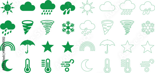 Set of green weather in a grid format on a white background